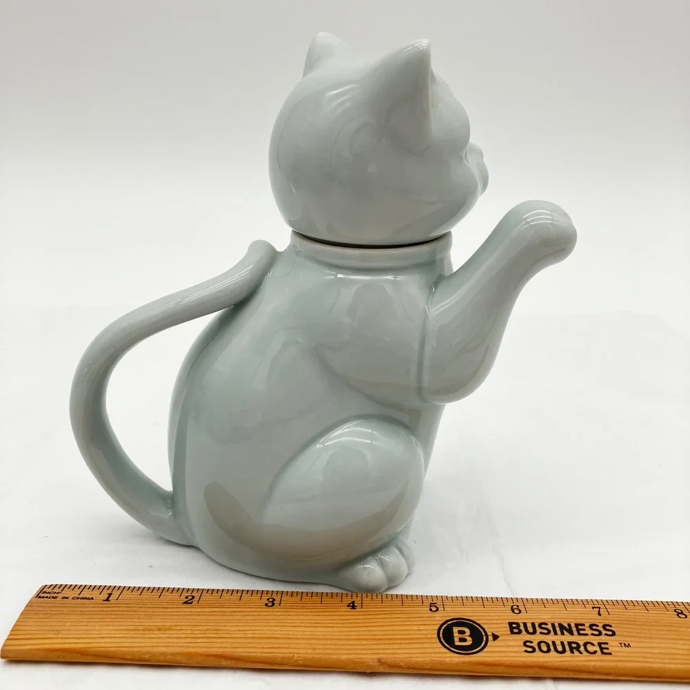 Vintage Celadon Takahashi Japan Celadon Porcelain Cat Teapot 1970s Kitty Creamer